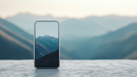 Smartphone with mountain landscape on screen capturing scenic view with distant peaks and sky in a minimalistic outdoor setting.の素材
