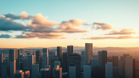 Stunning cityscape aerial view at sunset showcasing modern skyscrapers and vibrant skyline with warm sunlight and scattered clouds over a bustling urban area.の素材