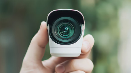 Close-up of modern surveillance camera with wide lens mounted outdoors on a building for security monitoring and surveillance in urban environment.の素材