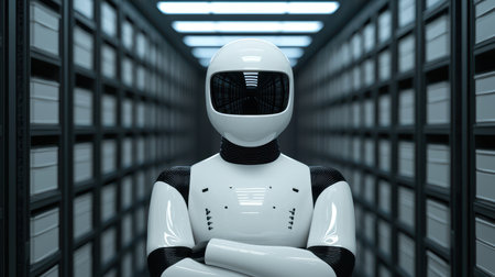 Modern humanoid robot standing with folded arms in data center or server room with rows of black server racks and bright lighting overhead.の素材