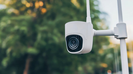 Close-up of a white outdoor security camera mounted on a pole with a blurred green natural background during daytime.の素材
