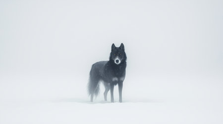 Portrait of a Black and White Siberian Husky dog standing alone in a snowy landscape with a foggy background during winter daytime.の素材