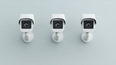 Three modern white security cameras mounted on a light gray wall with close-up view showcasing surveillance technology and home security devices.の素材