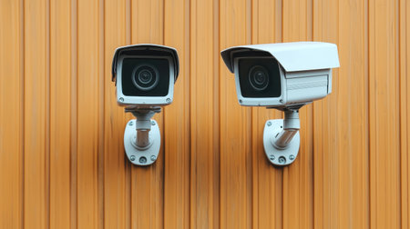 Two modern security cameras mounted on a wooden wall for surveillance and monitoring purposes in a residential or commercial setting.の素材
