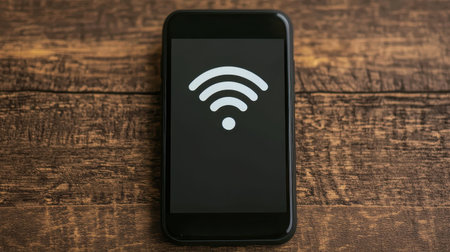 Close-up of a smartphone displaying a Wi-Fi signal icon on the screen, placed on a textured wooden surface for wireless connectivity concept.の素材
