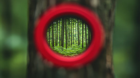 Vibrant green forest viewed through a red circular scope or lens in a natural outdoor setting with tall trees and lush foliage during daytime.の素材