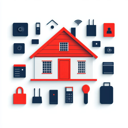 Modern smart home automation system with connected devices wirelessly controlling lights security cameras thermostats and smart locks in a contemporary home setup.の素材