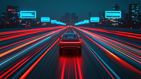 Autonomous ride-sharing vehicles picking up passengers in a smart city, glowing digital road signs guiding trafficの素材