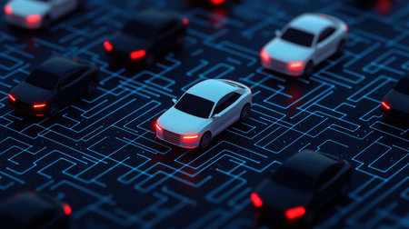 Aerial view of a busy city with autonomous ride-sharing cars seamlessly navigating traffic, futuristic urban transport systemの素材