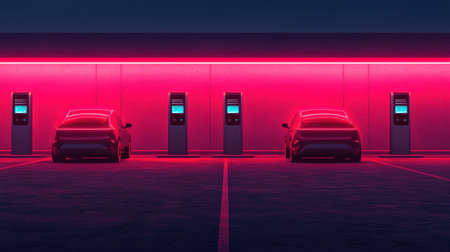 Futuristic electric car-sharing station with holographic booking panels, neon-lit smart city environment, advanced urban transportの素材