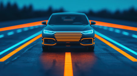 Autonomous ride-sharing vehicles navigating a high-tech city, interactive road signs, AI-powered transport grid, future mobility conceptの素材