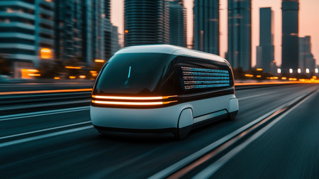 Concept of AI-driven ride-sharing with a transparent smart vehicle displaying data overlays, ultra-modern urban environmentの素材