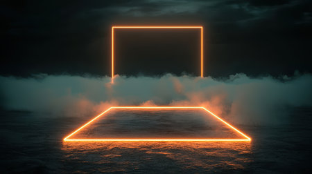 Abstract digital art with glowing neon grid patterns surreal vibe dark background overhead shot modern aestheticsの素材