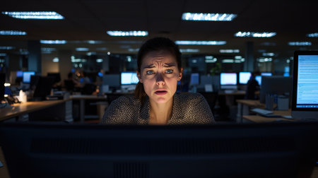 Frustrated businesswoman staring at computer screen chaotic office backdrop dim overhead lighting close-up shotの素材