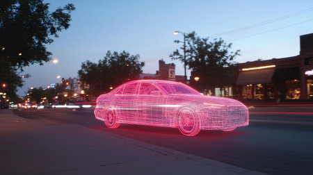 Stylized neon wireframe car sleek design dramatic motion blur urban street at dusk low angle viewの素材