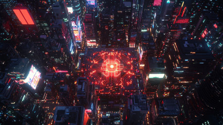 Futuristic digital core glowing brightly intricate circuits pulsating cyberpunk cityscape background neon lights bird's eye viewの素材