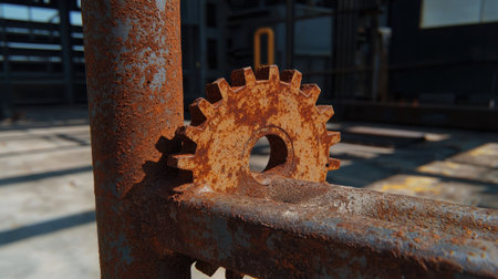 Close-up of rusted metal gears intricate details highlighted industrial workshop dramatic shadows macro shotの素材