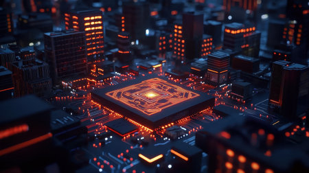 Futuristic digital core glowing brightly intricate circuits pulsating cyberpunk cityscape background neon lights bird's eye viewの素材