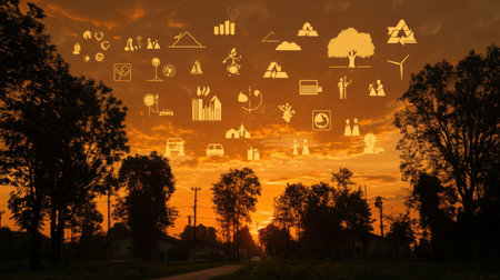 Infographic poster showcasing environmental impact vibrant icons arranged artistically outdoor setting golden hour lightingの素材