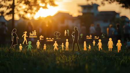 Infographic poster showcasing environmental impact vibrant icons arranged artistically outdoor setting golden hour lightingの素材