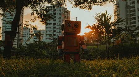 Stylized robot in a stylish urban park interacting with nature playful vibe golden hour sunlight medium shot from a low angleの素材