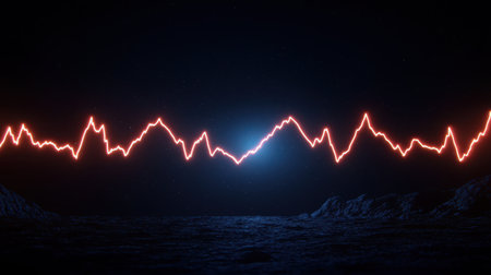 Digital waveforms pulsing rhythmically deep space background electric atmosphere dramatic contrast lighting wide-angle perspectiveの素材