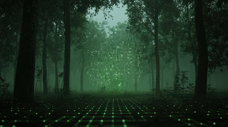 Surreal landscape of a digital matrix overlaying nature serene mood soft twilight low angle shot with lens flareの素材