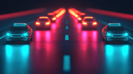 Autonomous ride-sharing vehicles picking up passengers in a smart city, glowing digital road signs guiding trafficの素材