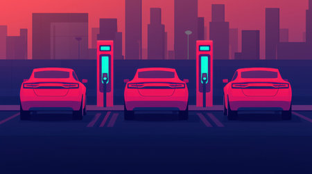 Futuristic electric car-sharing service with autonomous vehicles lined up at a smart charging station, urban cityscape in the backgroundの素材
