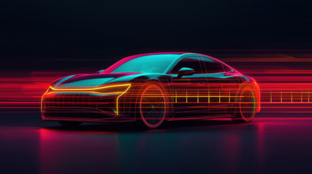 Autonomous electric car ready for ride-sharing, futuristic UI holograms displaying real-time data, smart mobility conceptの素材