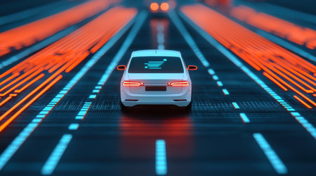 Autonomous ride-sharing vehicles navigating a high-tech city, interactive road signs, AI-powered transport grid, future mobility conceptの素材