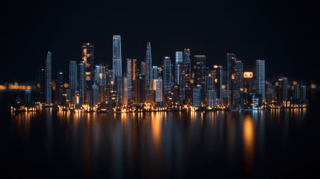 Futuristic city skyline in neon wireframe vibrant colors dynamic perspective twilight glow aerial viewの素材