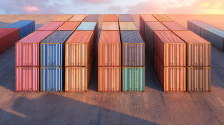 Cargo containers stacked high shadows playing on ground dramatic sunset lighting aerial perspective urban backdropの素材