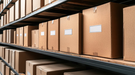 Close-up of labeled boxes on a shelf meticulous arrangement soft shadows high-angle view organized and efficient feelの素材