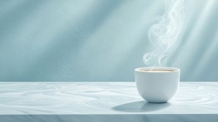 Close-up of steaming Cuban espresso cup intricate swirl pattern minimalist countertop soft diffused light macro shotの素材