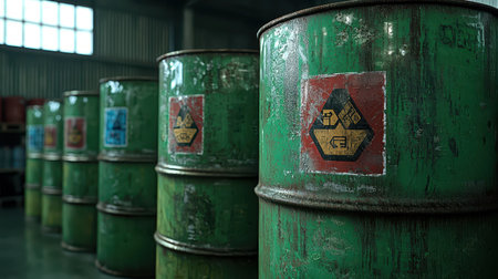 Close-up of labeled hazardous containers clear identification moody lighting shallow depth of field storage facility backgroundの素材