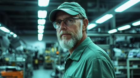 Focused factory supervisor inspecting production line checking quality bright workshop lights eye-level angle industrial settingの素材