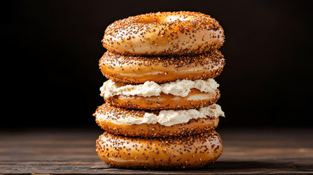 Bagel tower with varied cream cheese flavors playful arrangement vibrant market setting dynamic lighting slightly tilted angleの素材