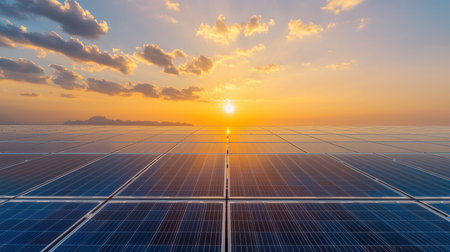 Exterior of solar-powered factory at sunset warm golden hues peaceful ambiance wide angle showcasing sustainabilityの素材