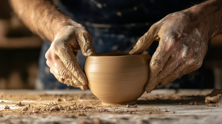 Artisan shaping clay skilled hands at work serene and creative mood soft ambient light eye-level angle in pottery studioの素材