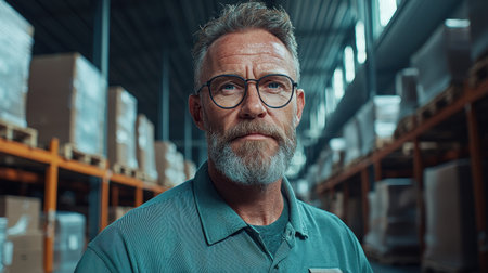 Manager inspecting inventory on dock thoughtful expression professional ambiance natural light filtering through windows medium shotの素材