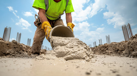 Worker pouring concrete mix hands in motion gritty construction site natural daylight filtering through mid-angle perspectiveの素材