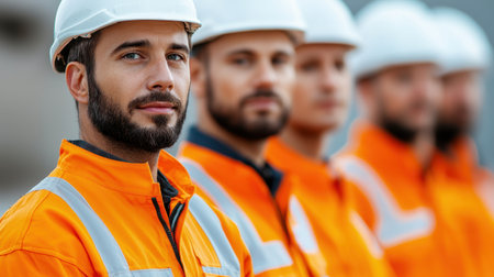 A cheerful group of male and female engineers in safety uniforms and helmets pose confidently at an industrial worksite.の素材