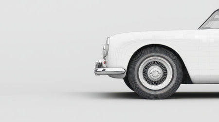 A classic car rendered in a wireframe style, with a focus on the front headlight and tire. The image is clean and modern, showcasing the beauty of automotive design.の素材