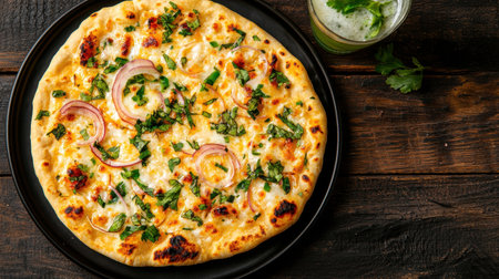 A circular flatbread is presented on a dark plate, adorned with slices of pickled onions and accompanied by a cold drink in a glass. The warm wooden table adds a cozy touchの素材