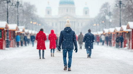 a christmas market in the snow with people walking aroundの素材