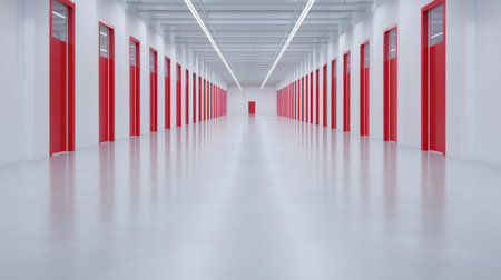 A clean, bright warehouse floor with a minimalistic design, focusing on optimized space usage with flexible storage solutions and clear pathways.の素材