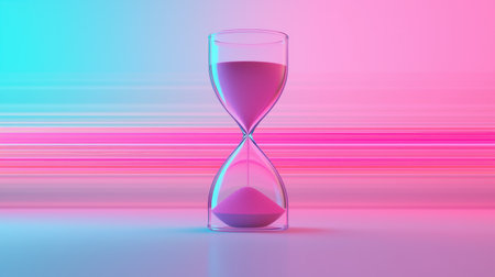 A clear image of a classic hourglass, with its sand slowly flowing, set against a plain white backdrop.の素材