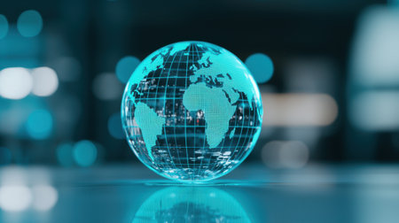 A close-up image of a glass globe placed on a table, with a copy space background for adding text. The picture relates to global network business technology, environment day, and world health dayの素材