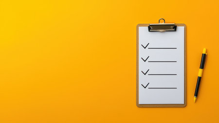 A clipboard with a checklist on bright orange background, portraying organization and task managementの素材